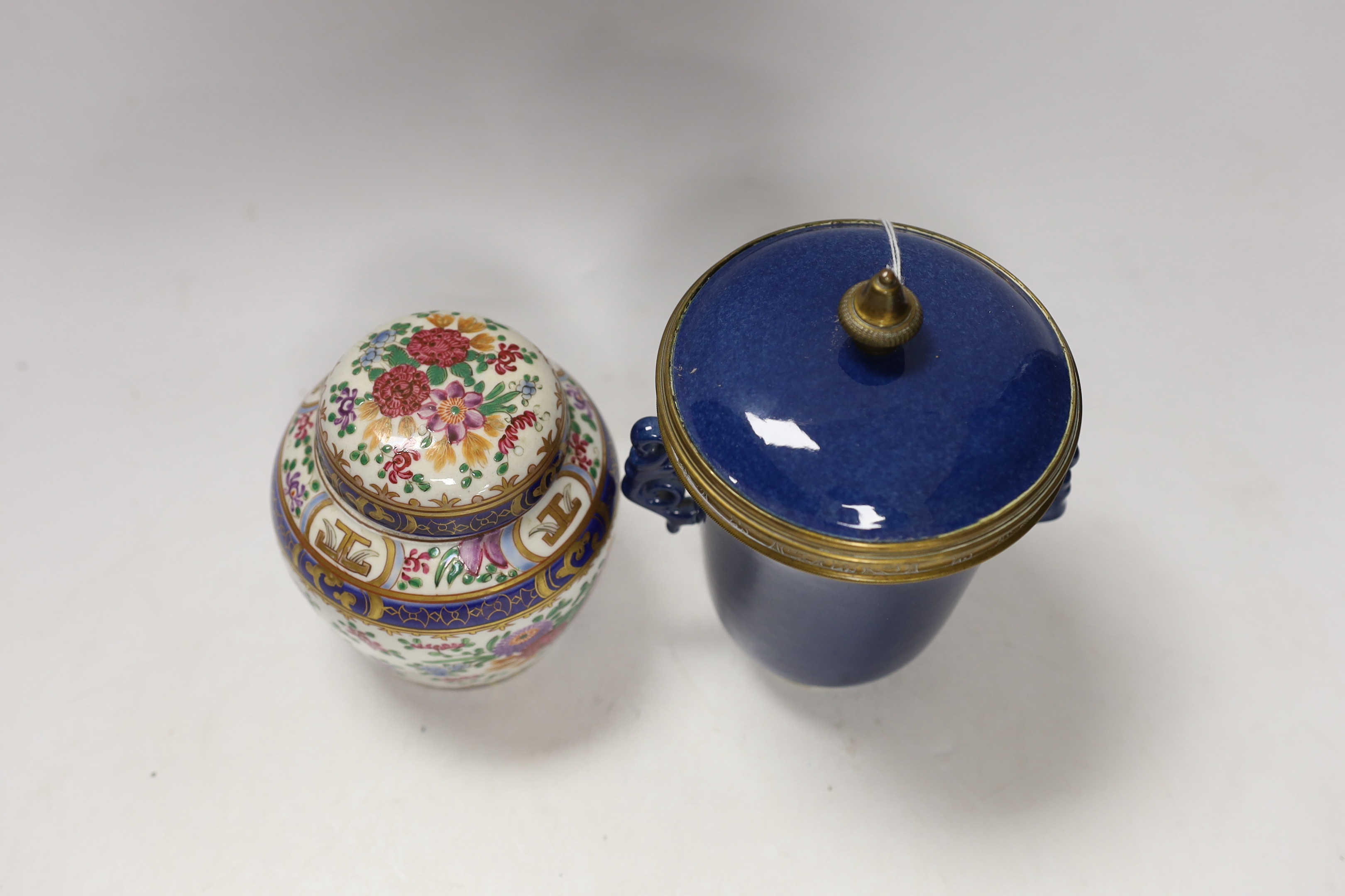 A Samson Chinese style powder blade and brass mounted cup and cover and a similar famille rose jar and cover, largest 18cm high (2)